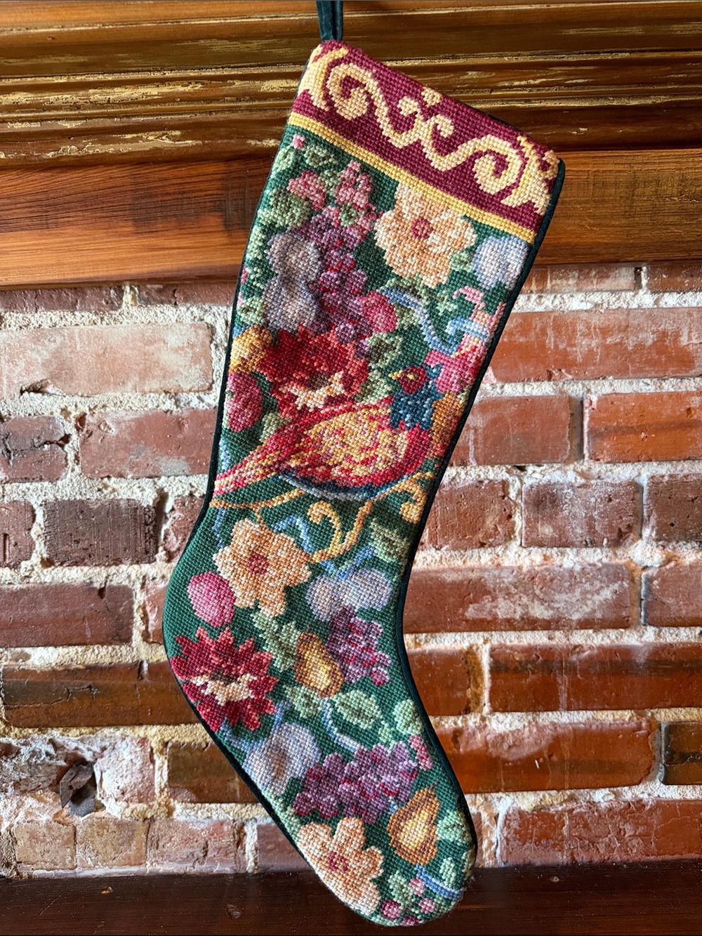 Vintage Handcrafted Floral,Bird Needlepoint Holiday Stocking